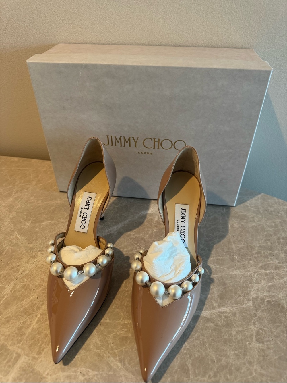 Jimmy Choo Aurelie 85 - Nude Patent Leather Pointed-Toe Pump with Pearl Strap - Picture 2 of 7